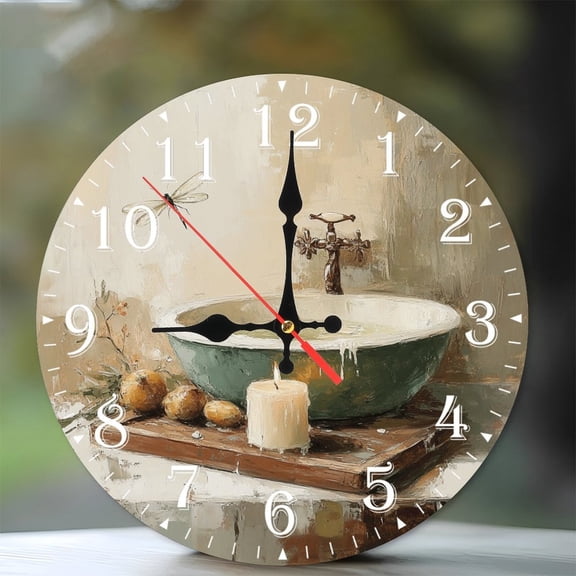 10-Inch Silent Wooden Wall Clock, " Spa Clock Dragonfly Bathtub Candle "  Silent Non-Ticking Clock, Battery Operated (AA Batteries Not Included), Artistic Home Decor