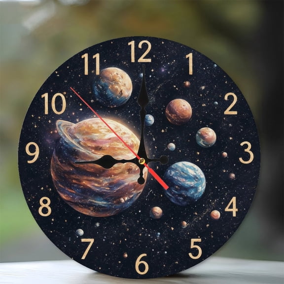 10-Inch Silent Wooden Wall Clock, " Space Galaxy Planets Clock Wall Art Decor " Silent Non-Ticking Clock, Battery Operated (AA Batteries Not Included), Artistic Home Decor