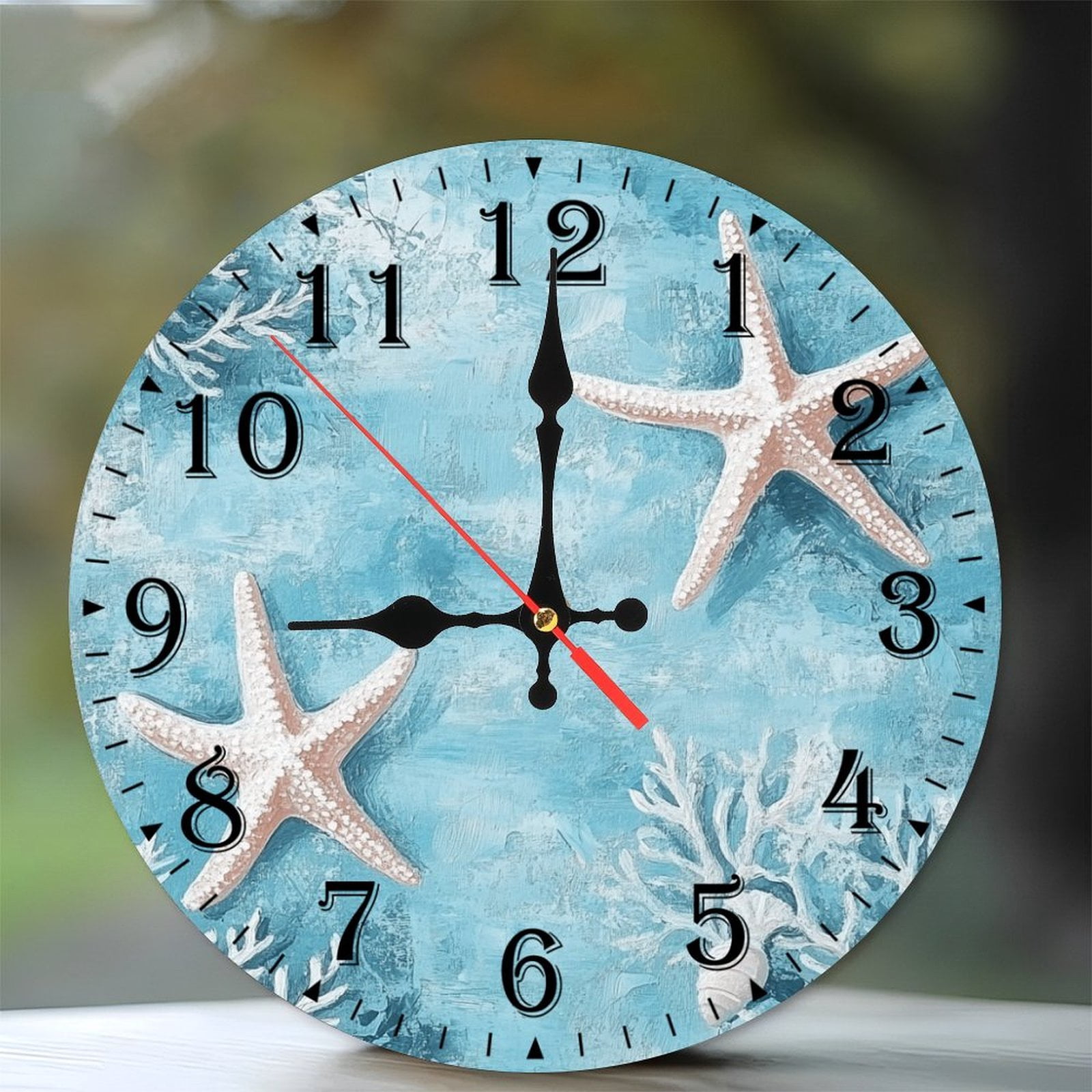 10-Inch Silent Wooden Wall Clock, " Starfish on Ocean Themed Clock Face ...