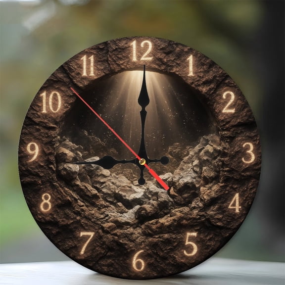 10-Inch Silent Wooden Wall Clock, " Stone Cave Clock Mysterious Timepiece Wall Decor "  Silent Non-Ticking Clock, Battery Operated (AA Batteries Not Included), Artistic Home Decor