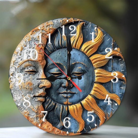 10-Inch Silent Wooden Wall Clock, " Sun Moon Faces Clock Design "  Silent Non-Ticking Clock, Battery Operated (AA Batteries Not Included), Artistic Home Decor