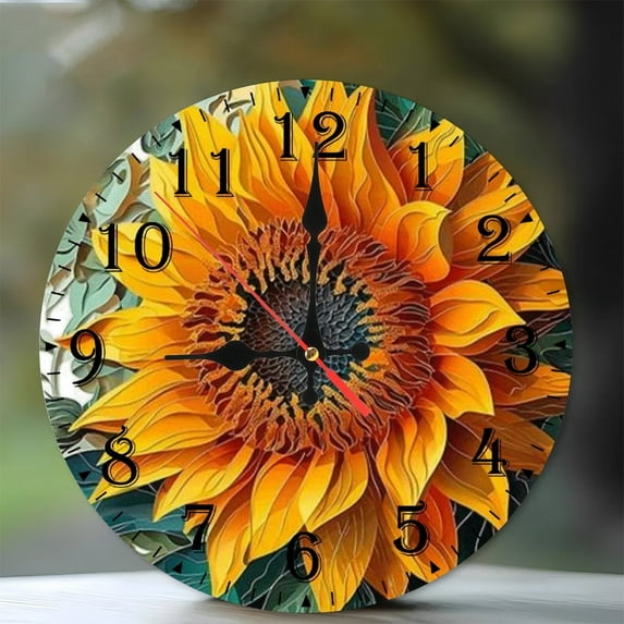 10-Inch Silent Wooden Wall Clock, " Sunflower Clock Face Design " Silent Non-Ticking Clock, Battery Operated (AA Batteries Not Included), Artistic Home Decor