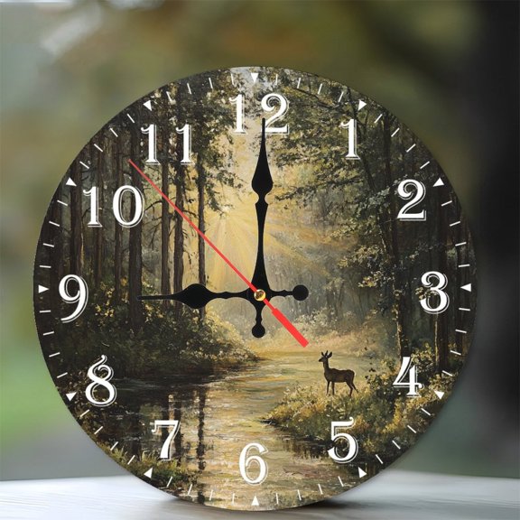 10-Inch Silent Wooden Wall Clock, " Sunlit Forest Deer by Stream Clock Face "  Silent Non-Ticking Clock, Battery Operated (AA Batteries Not Included), Artistic Home Decor