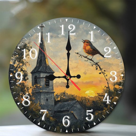 10-Inch Silent Wooden Wall Clock, " Sunset Church Steeple Robin Singing " Silent Non-Ticking Clock, Battery Operated (AA Batteries Not Included), Artistic Home Decor