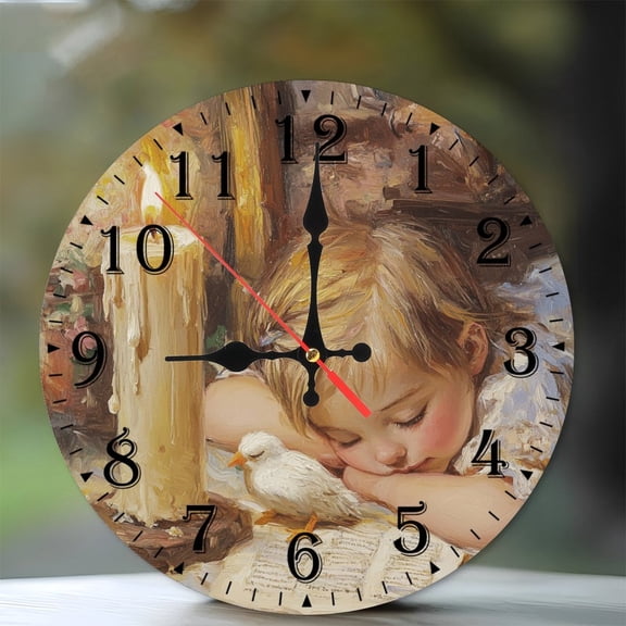 10-Inch Silent Wooden Wall Clock, " Toddler Sleeping Near Candlelight " Silent Non-Ticking Clock, Battery Operated (AA Batteries Not Included), Artistic Home Decor