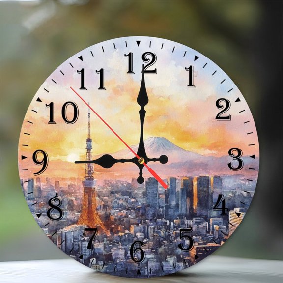 10-Inch Silent Wooden Wall Clock, " Tokyo Sunrise Clock Tower MountFuji View "  Silent Non-Ticking Clock, Battery Operated (AA Batteries Not Included), Artistic Home Decor
