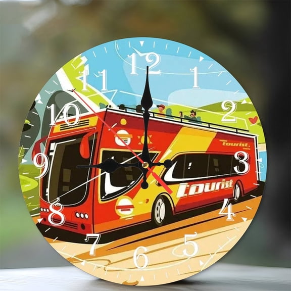 10-Inch Silent Wooden Wall Clock, " Tourists Riding Doubledecker Bus Scenic Route " Silent Non-Ticking Clock, Battery Operated (AA Batteries Not Included), Artistic Home Decor