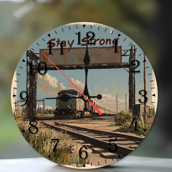10-Inch Silent Wooden Wall Clock, " Train Passing Under Stay Strong Clock " Silent Non-Ticking Clock, Battery Operated (AA Batteries Not Included), Artistic Home Decor
