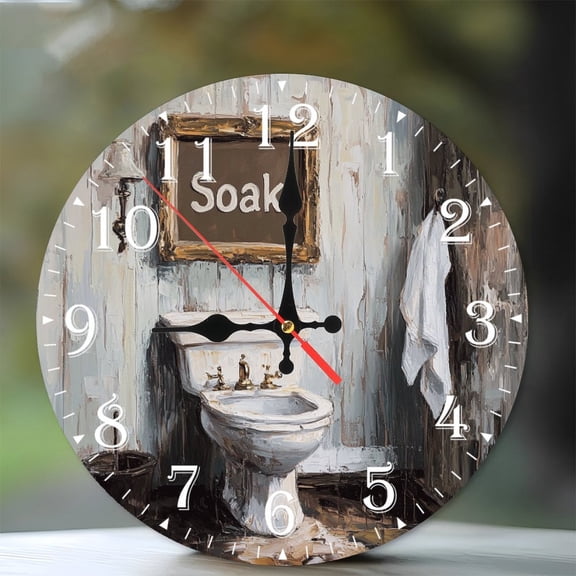 10-Inch Silent Wooden Wall Clock, " Vintage Bathroom Clock Face with Porcelain Sink " Silent Non-Ticking Clock, Battery Operated (AA Batteries Not Included), Artistic Home Decor