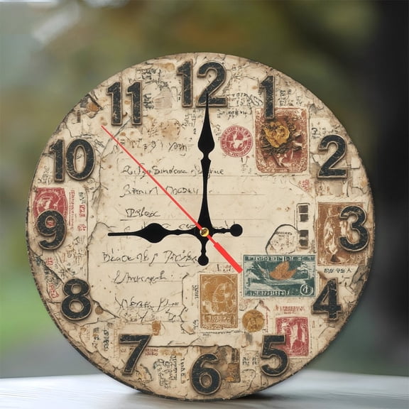 10-Inch Silent Wooden Wall Clock, " Vintage Collage Style Wall Clock Antique Postcard Design Home Decor " Silent Non-Ticking Clock, Battery Operated (AA Batteries Not Included), Artistic Home Decor