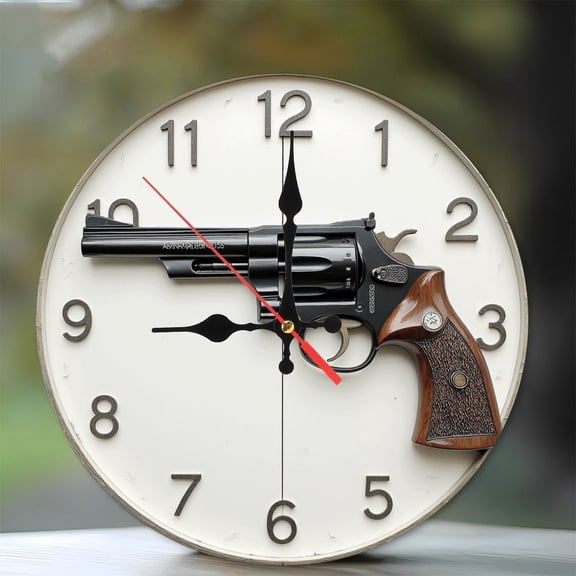 10-Inch Silent Wooden Wall Clock, " Vintage Revolver Gun Clock Wall Art Decor "  Silent Non-Ticking Clock, Battery Operated (AA Batteries Not Included), Artistic Home Decor