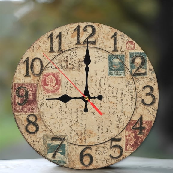 10-Inch Silent Wooden Wall Clock, " Vintage Wall Clock Antique Style Home Decor Postage Stamp Design "  Silent Non-Ticking Clock, Battery Operated (AA Batteries Not Included), Artistic Home Decor