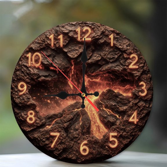 10-Inch Silent Wooden Wall Clock, " Volcano Lava Rock Wall Clock Home Decor Fire Mountain " Silent Non-Ticking Clock, Battery Operated (AA Batteries Not Included), Artistic Home Decor