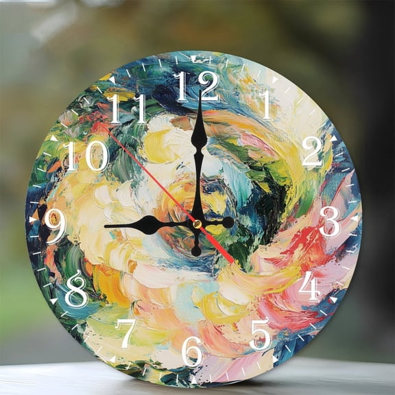 10-Inch Silent Wooden Wall Clock, " Whimsical Painted Clock Face " Silent Non-Ticking Clock, Battery Operated (AA Batteries Not Included), Artistic Home Decor