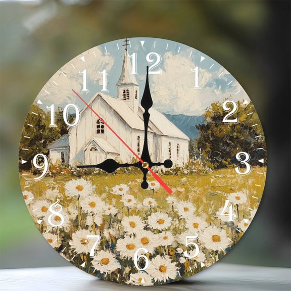 10-Inch Silent Wooden Wall Clock, " White Church Daisies Clock Face " Silent Non-Ticking Clock, Battery Operated (AA Batteries Not Included), Artistic Home Decor