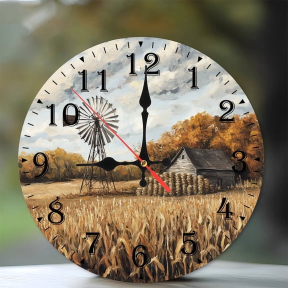 10-Inch Silent Wooden Wall Clock, " Windmill Farm Autumnal Clock Face " Silent Non-Ticking Clock, Battery Operated (AA Batteries Not Included), Artistic Home Decor