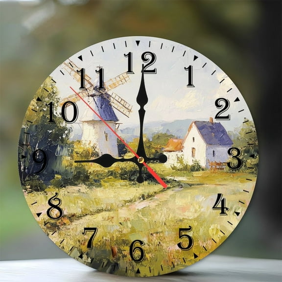 10-Inch Silent Wooden Wall Clock, " Windmill Houses Scenic Clock Face " Silent Non-Ticking Clock, Battery Operated (AA Batteries Not Included), Artistic Home Decor