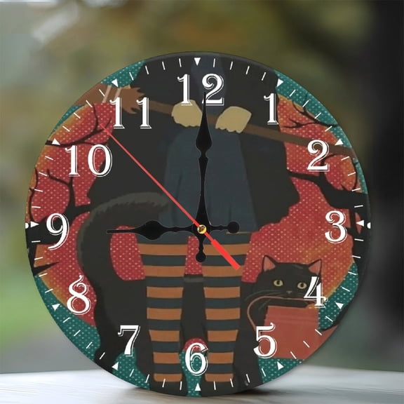 10-Inch Silent Wooden Wall Clock, " Witch Clock Black Cat Striped Legs " Silent Non-Ticking Clock, Battery Operated (AA Batteries Not Included), Artistic Home Decor