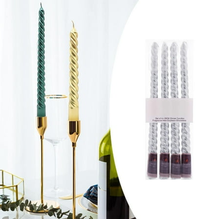 10 Inch Silver Spiral Taper Candles Set for Christmas, 4 Pack Unscented Twisted Candlesticks, Dripelss Thin Tapered Candles for Holiday Party Decoration