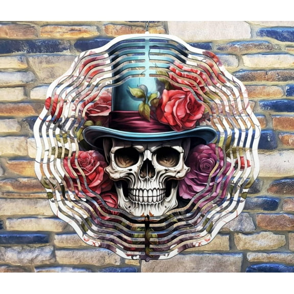 10 Inch Skull Roses Tophat Wind Spinner Yard Decor Aluminum Sublimated Garden Art Indoor Outdoor 3D Kinetic