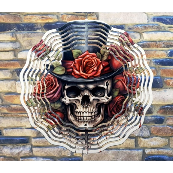 10 Inch Skull Tophat Roses Wind Spinner Yard Decor Aluminum Sublimated Garden Art Indoor Outdoor 3D Kinetic