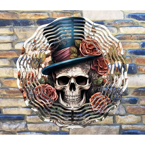 10 Inch Skull Tophat Sash Roses Wind Spinner Yard Decor Aluminum Sublimated Garden Art Indoor Outdoor 3D Kinetic