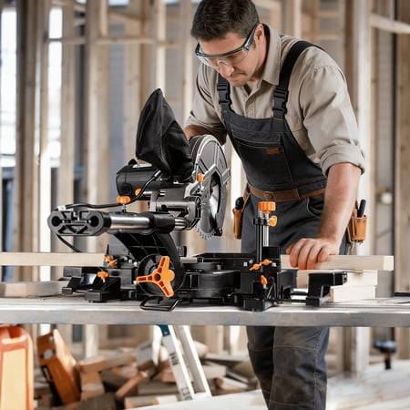 10-Inch Sliding Miter Saw, 15-Amp Compound Miter Saw, Dual Speed 4900/3200 RPM, 2 TCT Blades for Wood & Metal, 0–45° Bevel Cut, 13" Sliding Rail, 9 Positive Stops, Ambidextrous Design