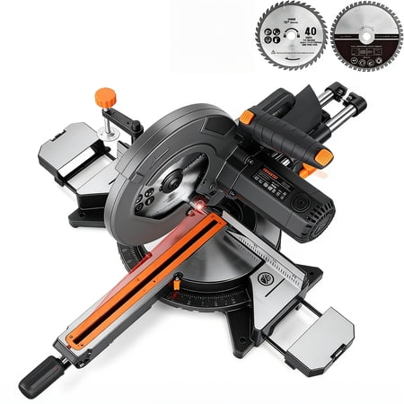 10-Inch Sliding Miter Saw, 15-Amp Compound Miter Saw, Dual Speed 4900/3200 RPM, 2 TCT Blades for Wood & Metal, 0–45° Bevel Cut, 13" Sliding Rail, 9 Positive Stops, Ambidextrous Design