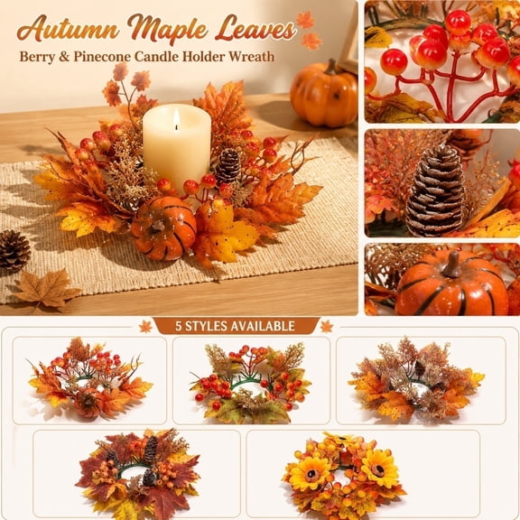 10 Inch Small Fall Wreath Candle Holder Ring Fall Table Decor Artificial Fall Leaves Pine Cone Accent for Thanksgiving Halloween Indoor Home Dining Table Centerpiece