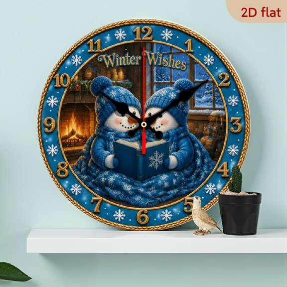 10 Inch Snowman Pattern Silent Wall Clock, Wooden Round Clock with Quartz Movement and Large Numbers for Winter Christmas and Holiday Home Wall Decor