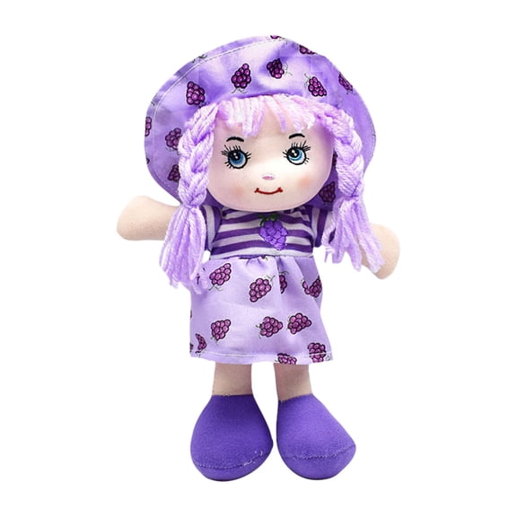 10 Inch Soft Plush Rag Doll with Grape Fruit Print Dress Lovable Cotton Stuffed Cuddly Toy for Bedroom Decor, Purple