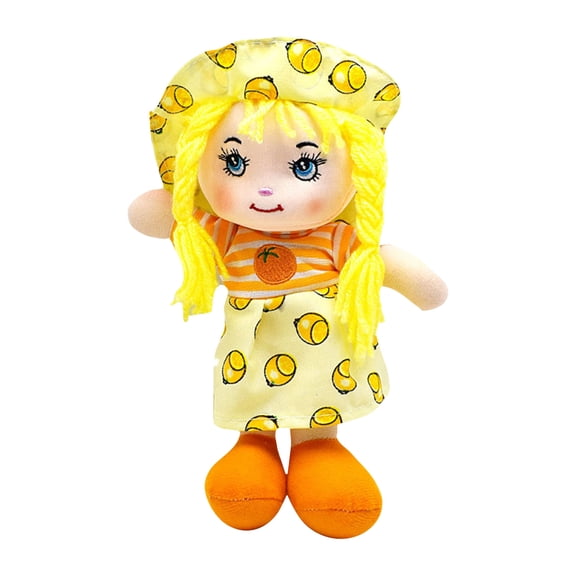 10 Inch Soft Plush Rag Doll with Orange Fruit Print Dress Lovable Cotton Stuffed Cuddly Toy for Bedroom Decor, Yellow