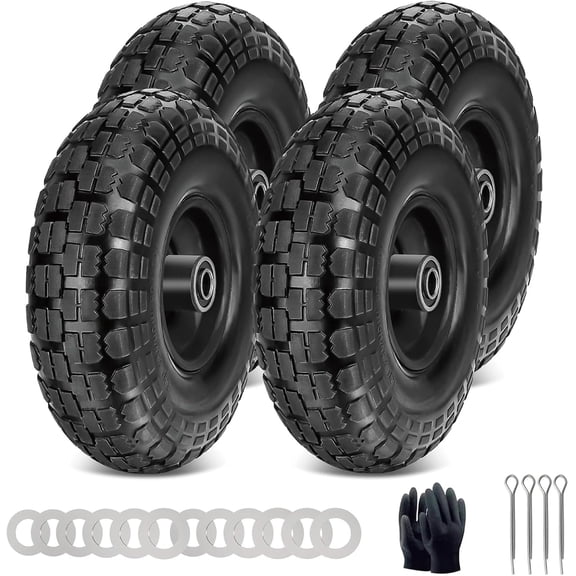 10 Inch Solid Polyurethane Dolly Tire Wheels with 5/8 Inch Axle, 4.10/3.50-4 Flat-Free Tires for Hand Trucks, Wheelbarrows, Garden Carts, Wagons, Lawn Mowers, and Heavy-Duty Carts (4-Pack, Black)