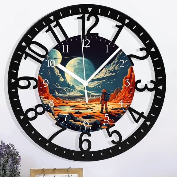 10 Inch Space Themed Astronauts Iron Circular Clock , Silent Battery Operated Wall Clock, Decorative Round Wall Clock for Kitchen, Bedroom, Wall Decor Style 1010inch(2525cm)