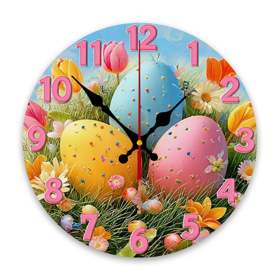 10 Inch Spring Floral Easter Egg Wooden Wall Clock with Pastel Pink Turquoise Numbers - Silent Non-Ticking Battery Operated Round Clock Room, Kitchen, Bathroom - Easy-to-Read