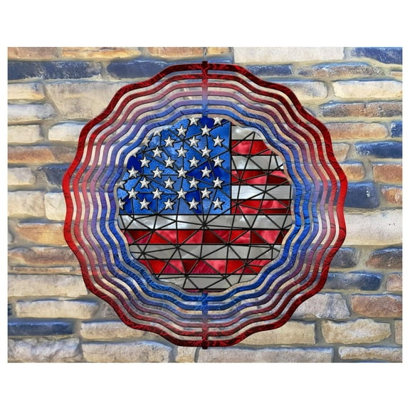 10 Inch Stained Glass Look American Flag Hanging Wind Spinner Yard Decor Aluminum Sublimated Garden Art Indoor Outdoor 3D Kinetic