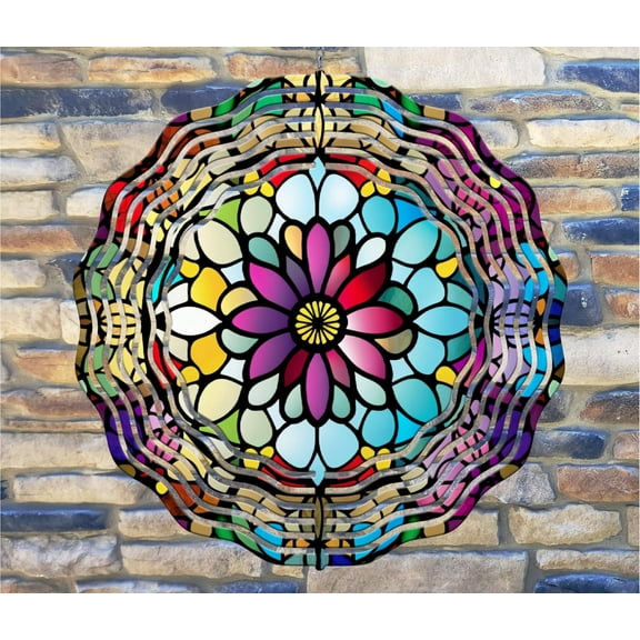 10 Inch Stained Glass Look Pink Daisy Flowers Hanging Wind Spinner Yard Decor Aluminum Sublimated Garden Art Indoor Outdoor 3D Kinetic