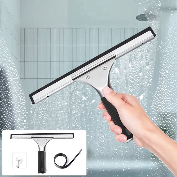 YDmeet Shower Squeegee, 10-inch Stainless Steel with No-Drill Hook & Rubber, for Glass Doors & Window Cleaning, Windshield, Multi-Surface Streak-Free Wiper
