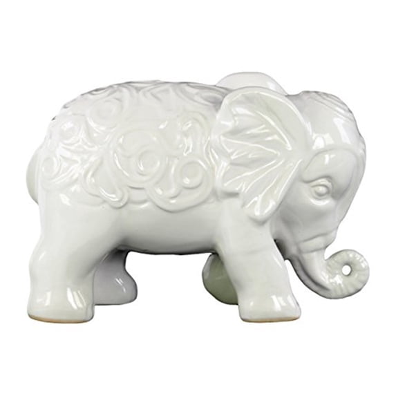 10 Inch Standing Elephant Figurine, Embossed Swirl Design, White- Saltoro Sherpi