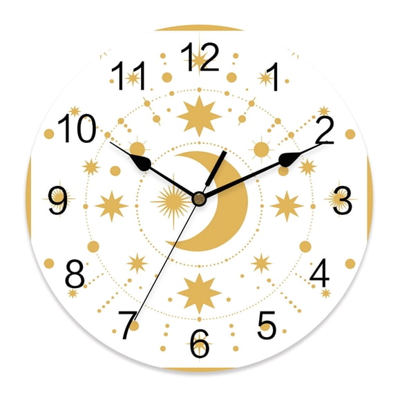 10 Inch Star Moon Wall Clock, Retro Gorgeous Gold White Polka Dots Stars Moon Battery Operated Silent Non Ticking Clocks, Easy to Read Round Wall Clock for Kitchen/Living Room/Bedroom/Bathroom