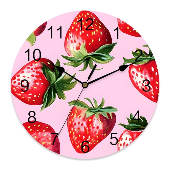 10 Inch Strawberry Wall Clock, Red Plant Fruit Watercolor Pink Background Battery Operated Silent Non Ticking Clocks, Easy to Read Round Wall Clock for Kitchen/Living Room/Bedroom/Bathroom