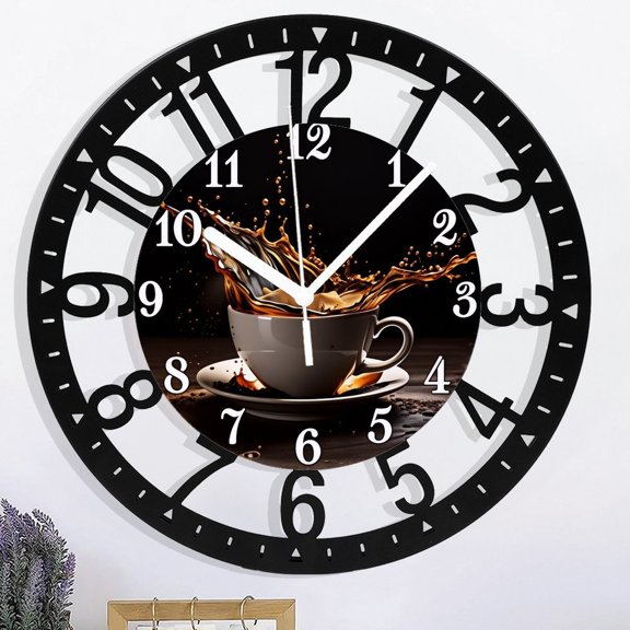 10 Inch A Stylish Modern Coffee Cup Splash Iron Circular Clock for Living Room, Bedroom, Kitchen, Home Decoration, Holiday Gift, (No Battery) Style 10×10inch(25×25cm)