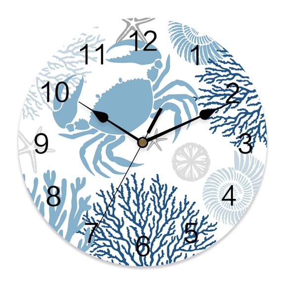 10 Inch Summer Wall Clock, Navy Blue Crab Coral Seashell Nautical Coastal Ocean Battery Operated Silent Non Ticking Clocks, Easy to Read Round Wall Clock for Kitchen/Living Room/Bedroom/Bathroom