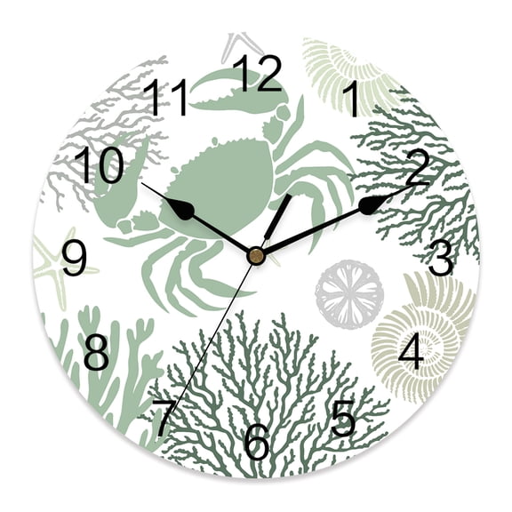 10 Inch Summer Wall Clock, Sage Green Crab Coral Seashell Nautical Coastal Ocean Battery Operated Silent Non Ticking Clocks, Easy to Read Round Wall Clock for Kitchen/Living Room/Bedroom/Bathroom