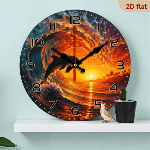 10 Inch Sunset Dolphin Wall Clock Silent Non-Ticking Wood Veneer Round Timepiece - Battery Operated Not Included - Perfect for Living Room, Bedroom Decor, Home Gift