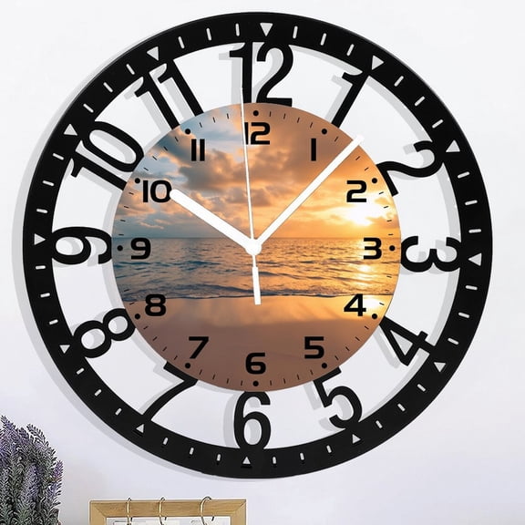 10 Inch Sunset on The Beach with Sea View Silent Iron Circular Clock , Suitable for Living Room Bedroom, Room Decoration (No Battery) Style 1010inch