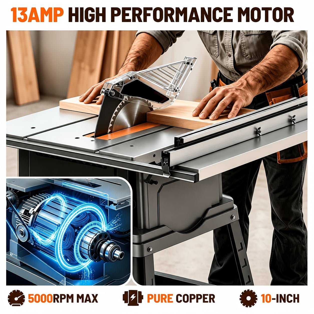 10-Inch Table Saw with Stand, 15-Amp Portable Jobsite Saw, 5300 RPM Motor, 3.35" Max Cut at 90° & 2.48" at 45°, Extendable Worktable, Rip Fence, Miter Gauge & Dust Port for Woodworking
