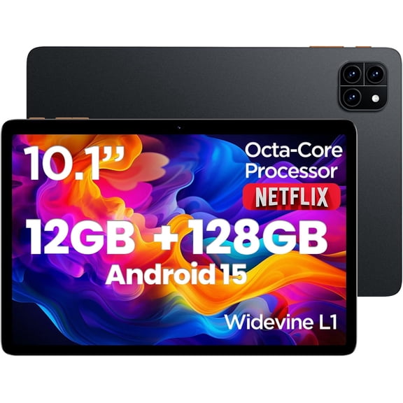 10 Inch Tablet, Android 15 Tablets, 12GB RAM 128GB ROM, Octa-core Processor, IPS HD Display, Widevine L1, WiFi 6 & Bluetooth 5.4, Dual Cameras, Dual Speakers, 6000mAh Battery