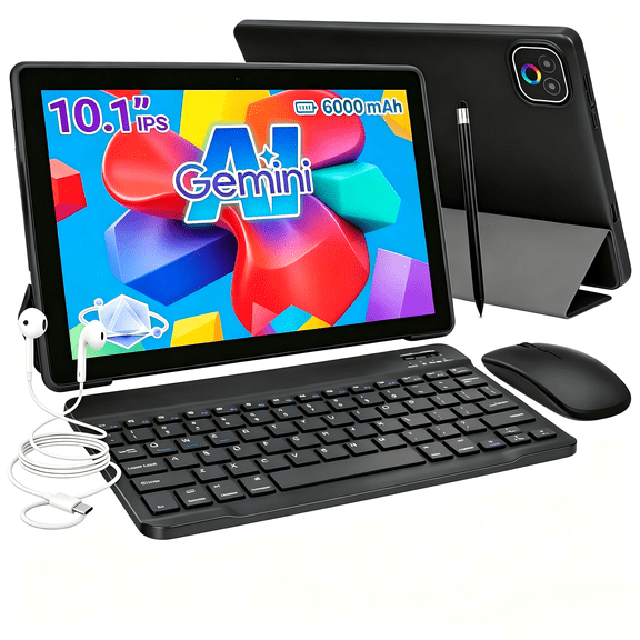 BUFO 10 Inch Tablet with Gemini AI and Keyboard set, 34GB+128GB, 6000mAh, Face Unlock, Android 16, Black