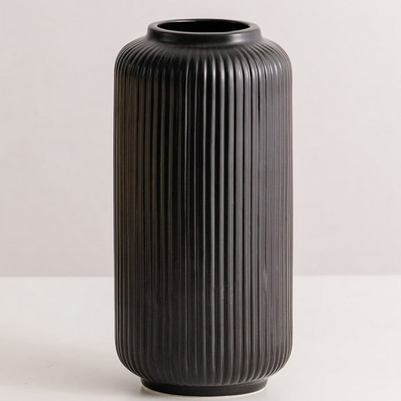 10 Inch Tall Glossy Black Ceramic Ribbed Vase for Flowers & Pampas Grass, Simple Modern Decorative Vases for Home Decor Table Centerpieces